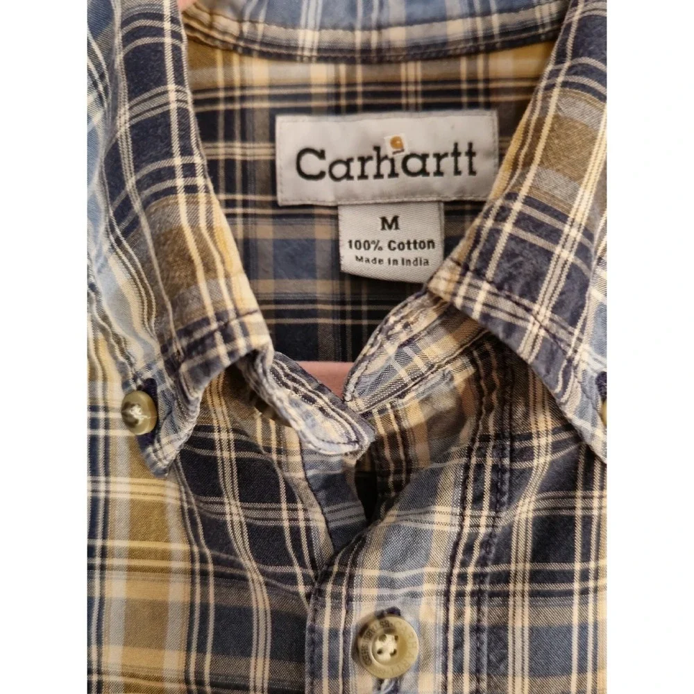 Carhartt Mens Medium Button Down Plaid Long Sleeve Shirt Cotton Leather Logo NEW